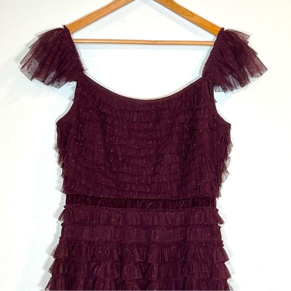 Mac Duggal 8054 Size 10 Amethyst Ruffle Tulle Cap Sleeve Tiered Party Midi Dress - Picture 8 of 11